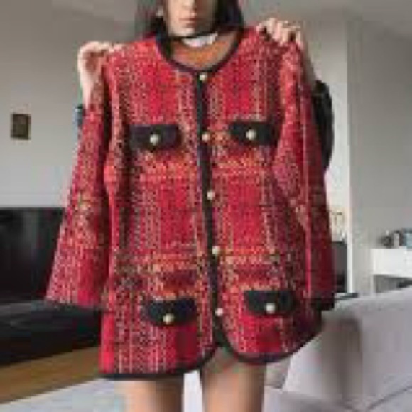 Marks &‎ Spencer ST MICHAEL FROM Red Black Gold Buttons Tweed Blazer size M 6 8 - Picture 2 of 11